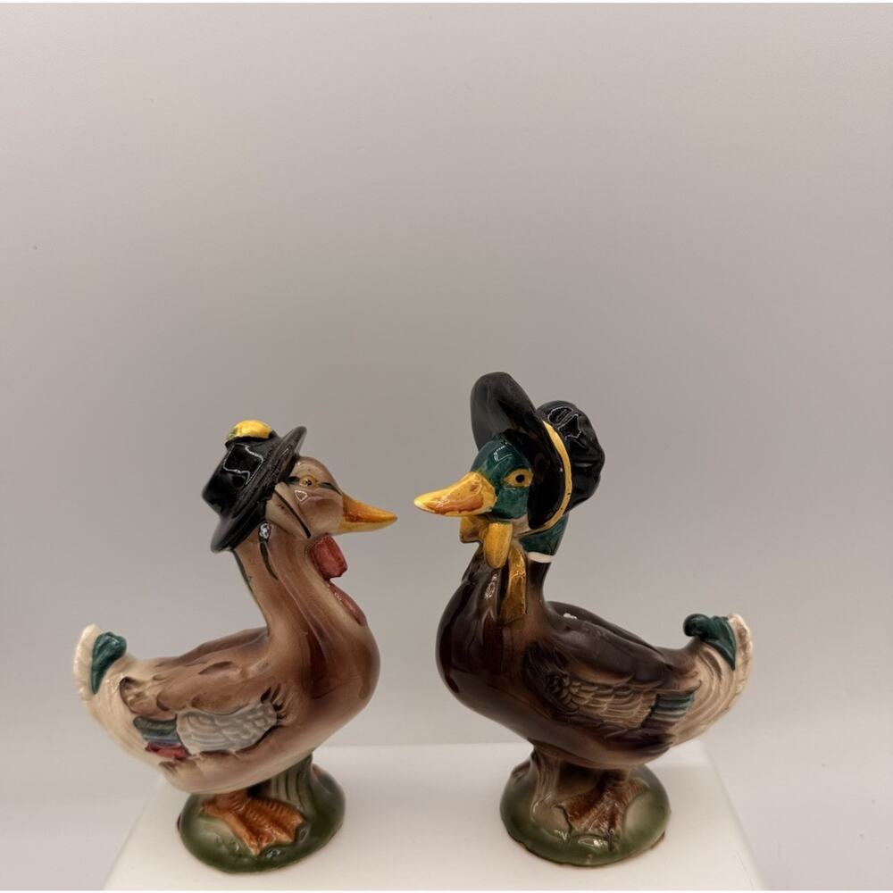VINTAGE PORCELAIN COUPLE MALLARD MALE DUCK WEARING HAT